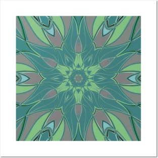 Cartoon Mandala Flower Green and Blue Posters and Art